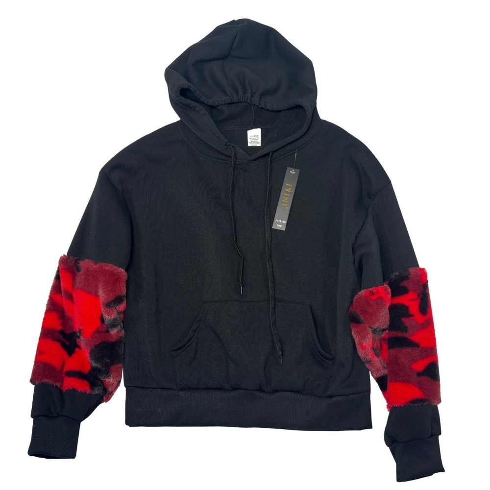 JVINI Women Small Black Hoodie Red Camo Faux Fur Sleeve Pullover Sweatshirt NWT